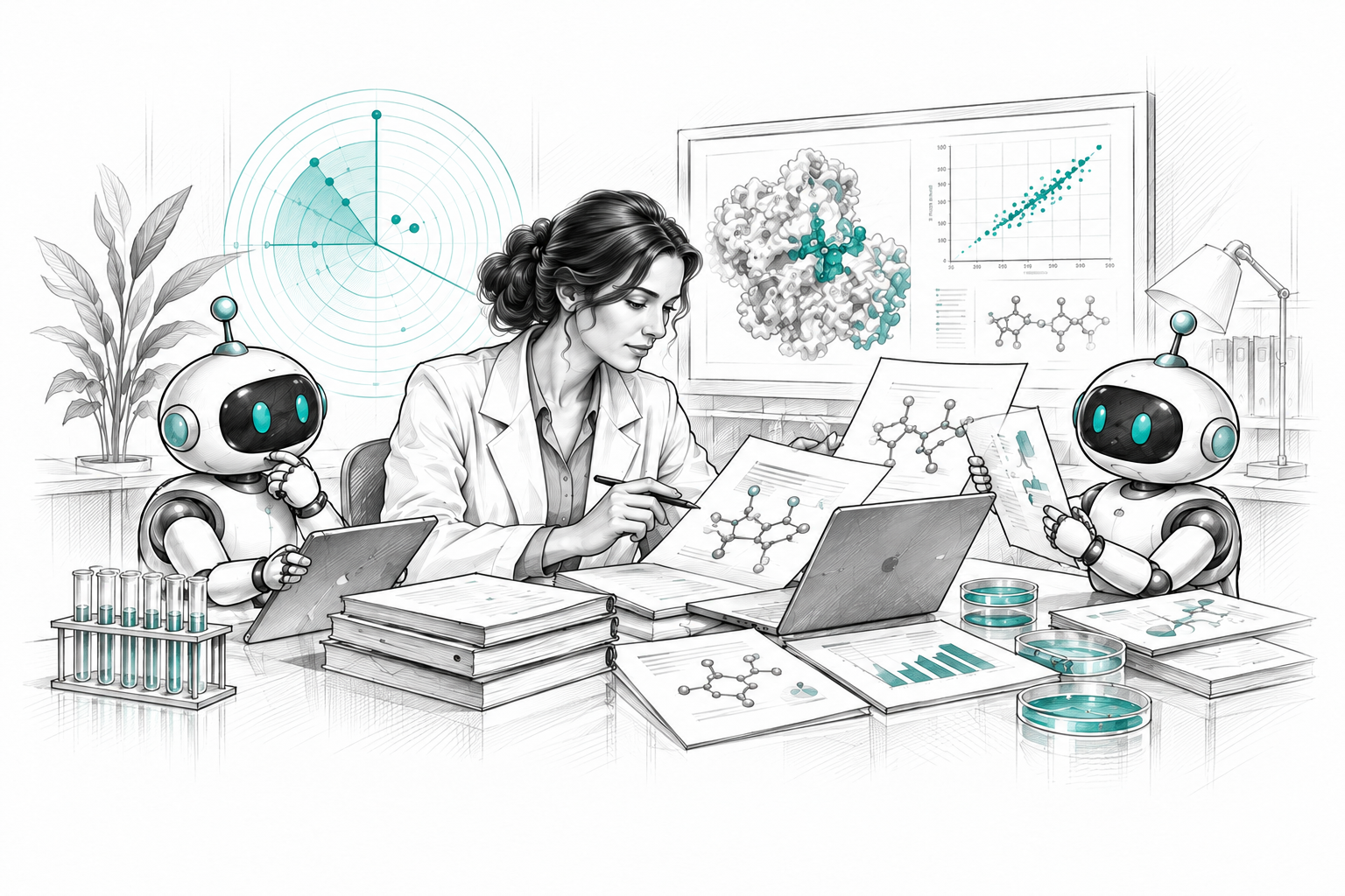 A researcher and two AI agents assess scientific papers and molecular evidence at a shared desk, with a radar and research charts behind them.