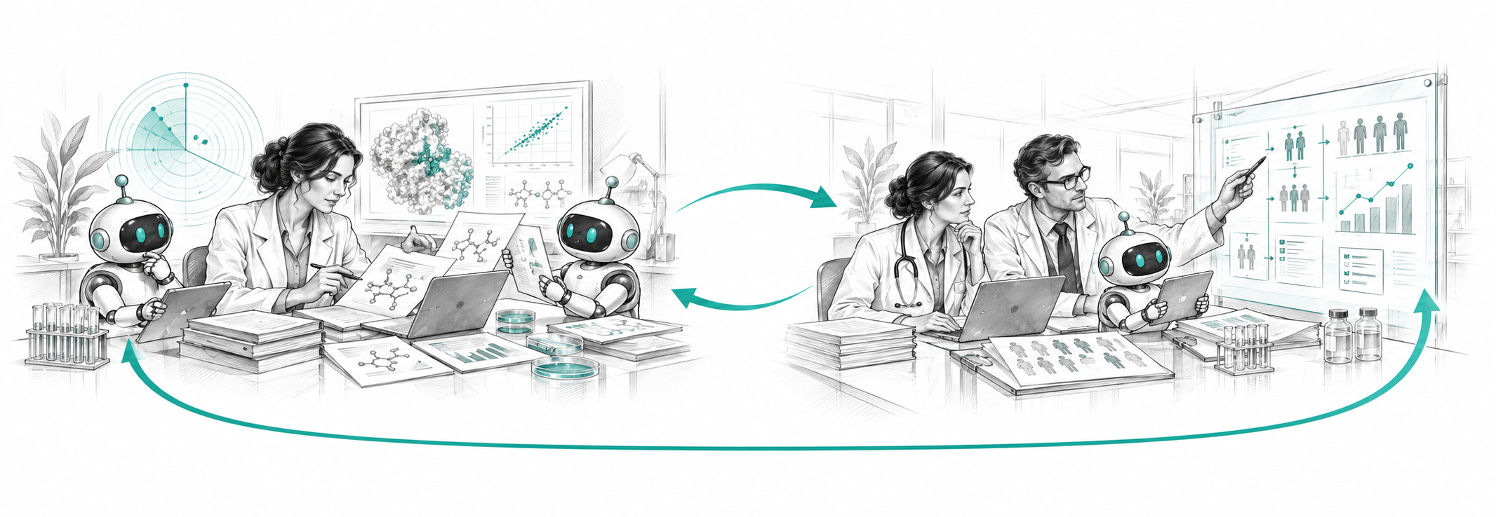 Human experts and AI agents connect asset research with clinical development through a shared feedback loop.