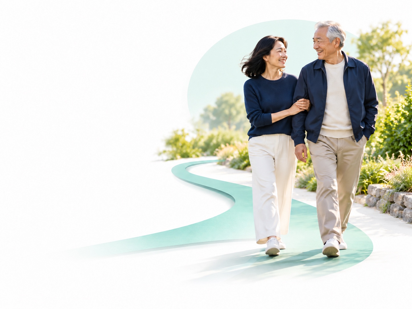 Concept illustration: a mint path leads toward two adults enjoying an everyday moment together.